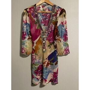 Solitaire Womens Tunic Size Medium Abstract Chiffon Sheer Embellished Boho Y2K
